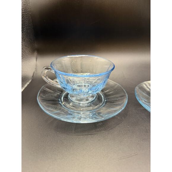 Fostoria Vintage Fairfax Azure Blue Cups & Saucers Set of 2 - Picture 2 of 6